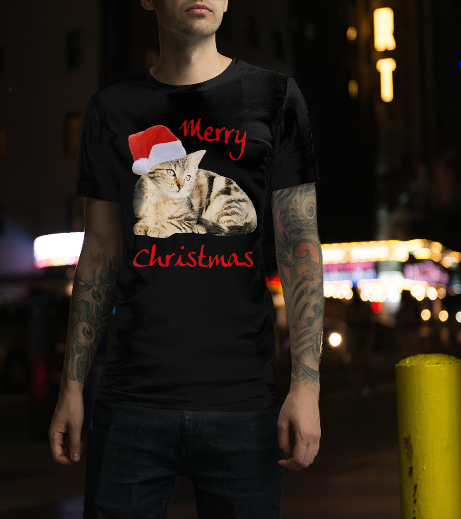 Merry Christmas Cat Cute Kitten Santa Hat T-Shirt