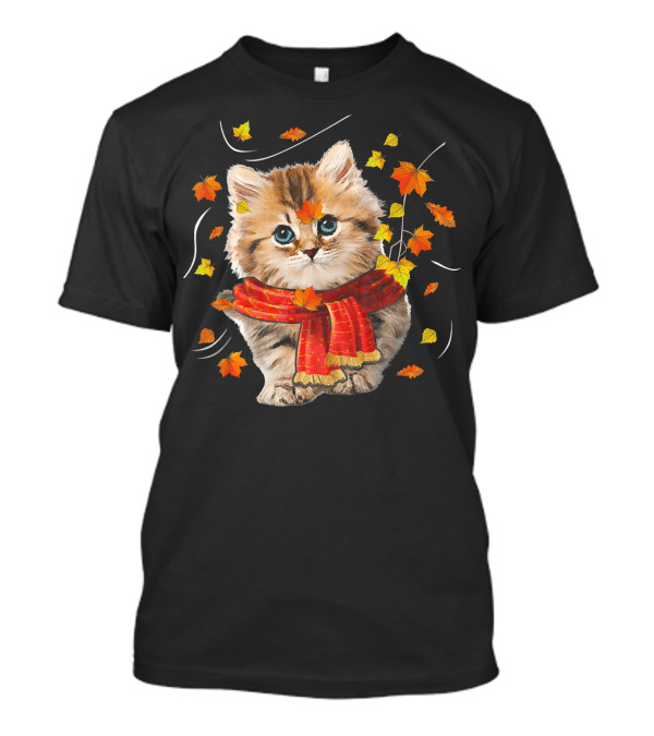 Funny Hello Autumn Kitten With Leaves And Scarf T-Shirt
