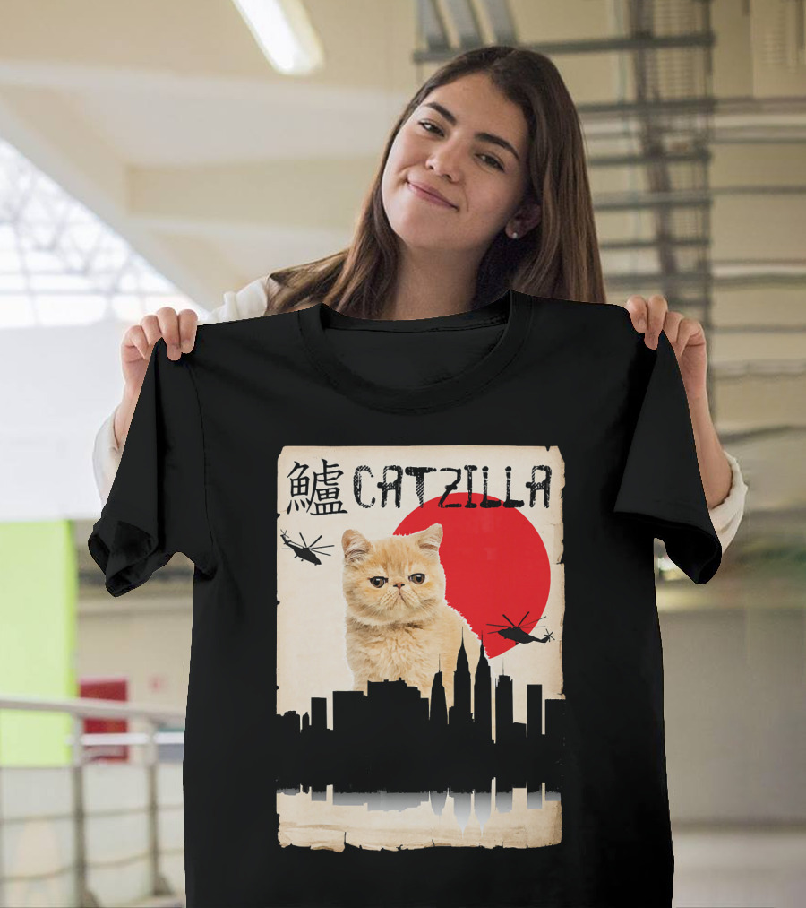 Exotic Shorthair Orange Cat Catzilla Japanese Skyline Helicopters Red Sun T-Shirt