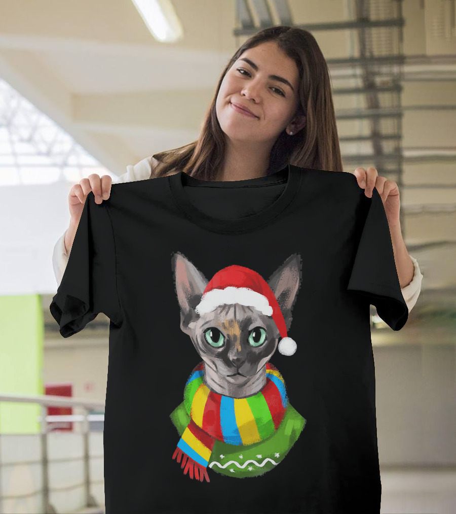 Christmas Sphynx Cat in Santa Hat with Colorful Scarf T-Shirt