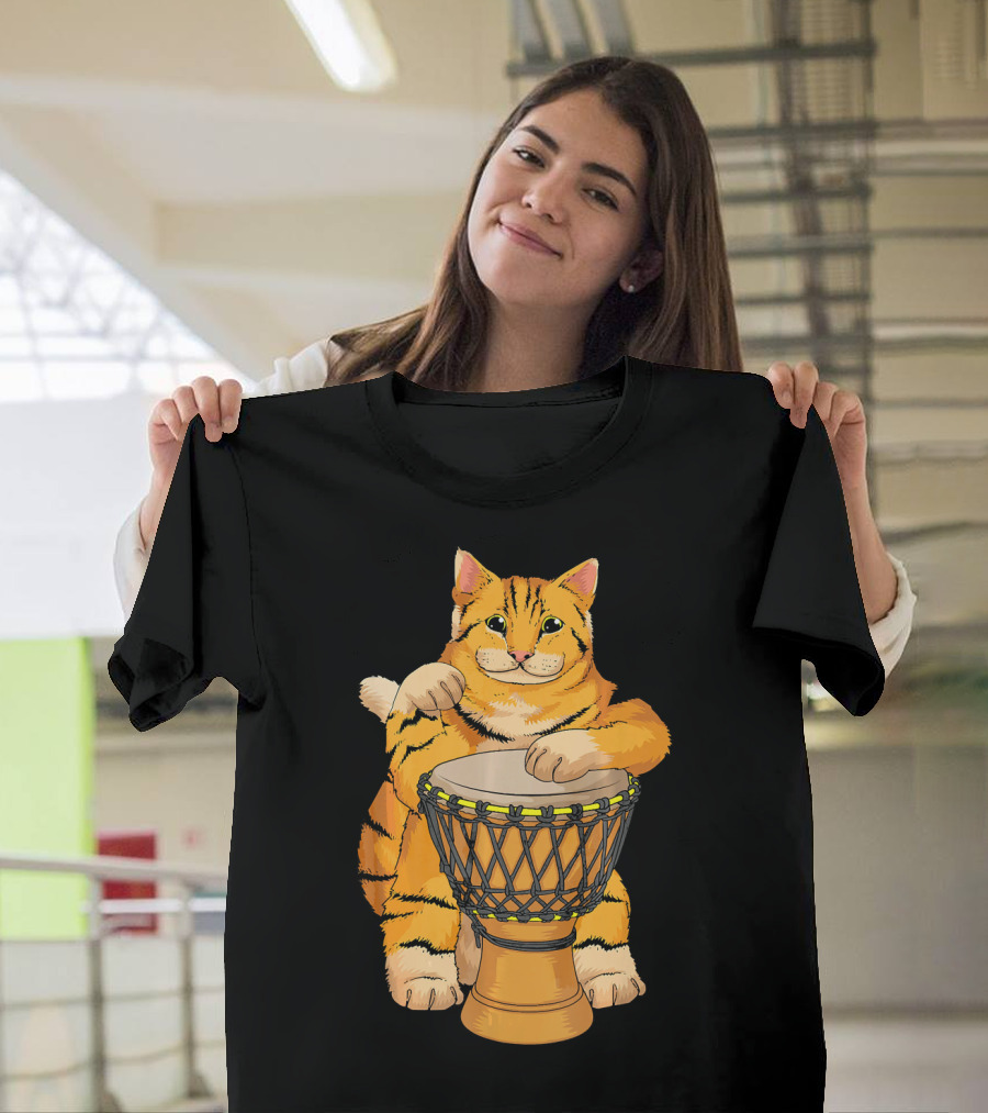 Funny Cat Playing Djembe Cute Kitten Musical T-Shirt