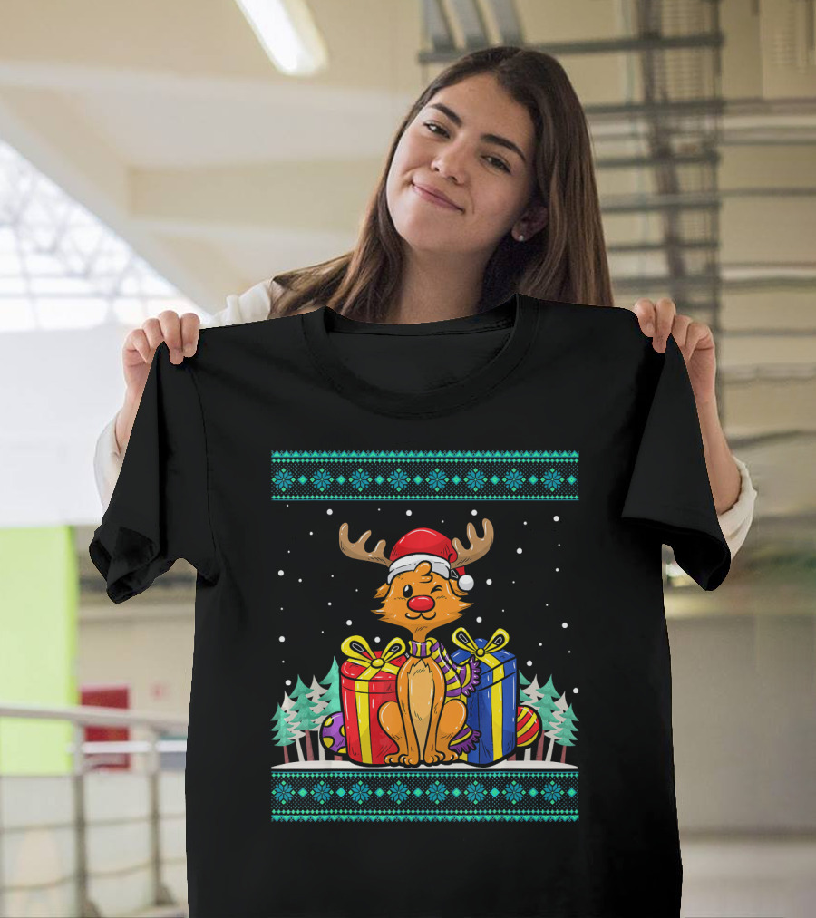 Merry Christmas Cat Reindeer Kitten Santa Hat Snow Gifts T-Shirt