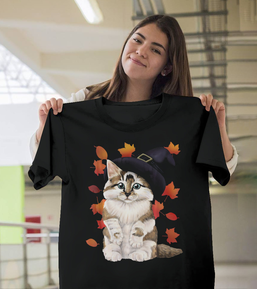 Cute Autumn Cat in a Witch Hat with Falling Leaves T-Shirt