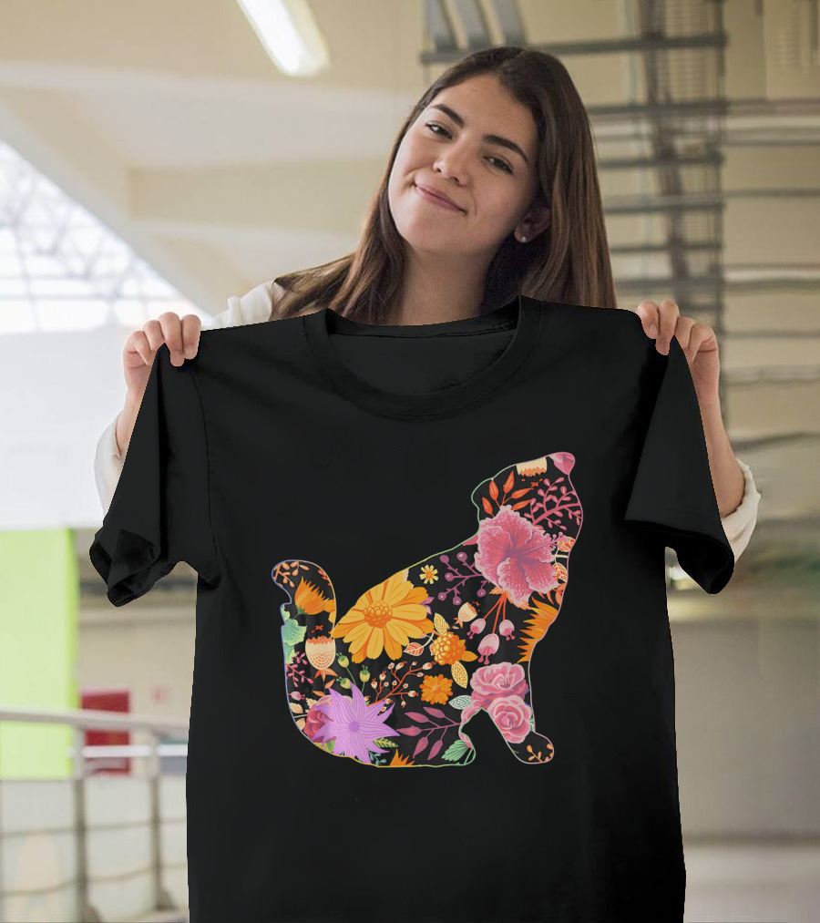 Floral Flower Vintage Retro Scottish Fol Inspired Cat Silhouette with Vibrant Botanical Motif T-Shirt