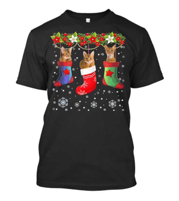 Abyssinian Cats In Festive Christmas Stockings With Holly And Snowflakes T-Shirt