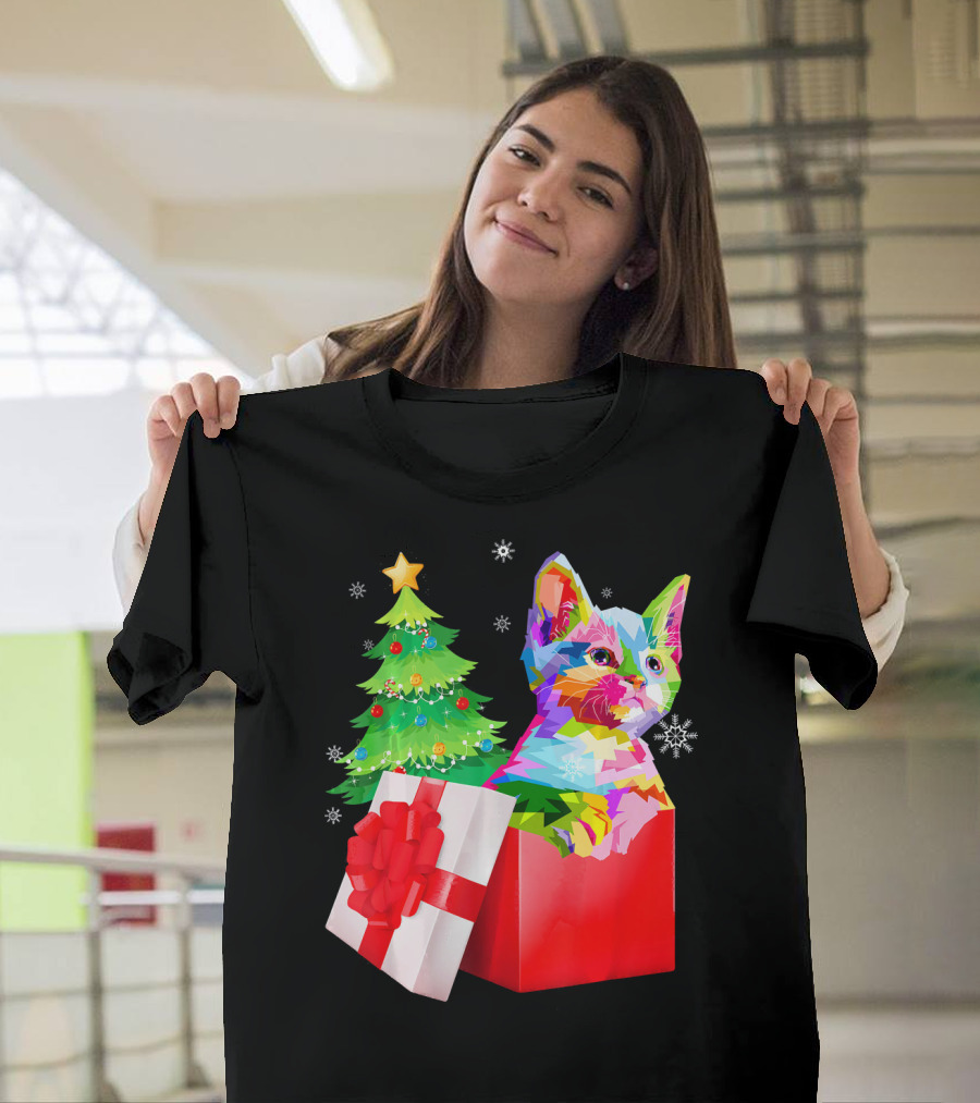 Colorful Kitten in Christmas Gift Box for Kitten Lovers T-Shirt