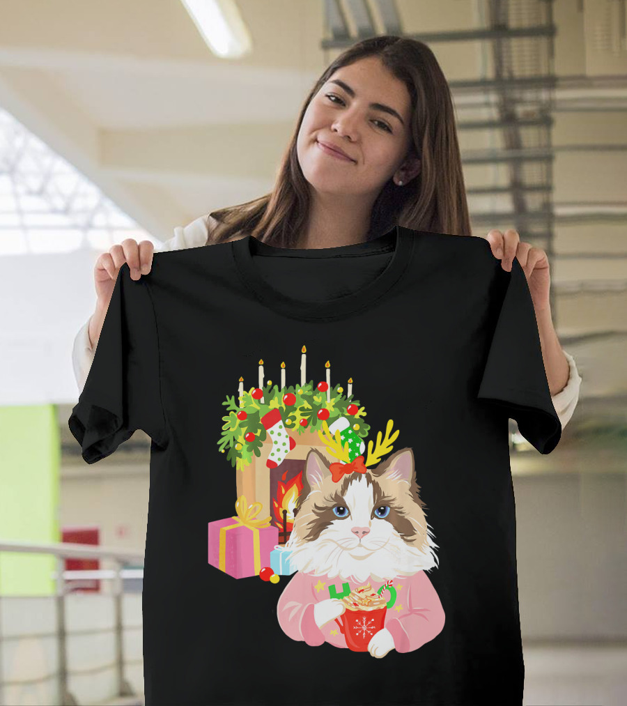 Christmas Ragdoll Cat by Fireplace with Gifts and Hot Cocoa T-Shirt