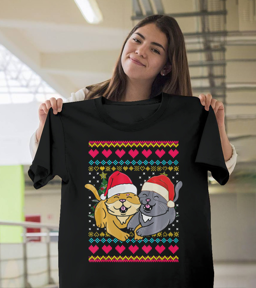 Christmas Cat With Santa Hat Funny Kittens Cozy Hearts T-Shirt