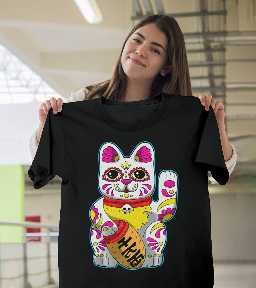 Lucky Cat Maneki Neko Colorful Japanese Skull Decor Flower T-Shirt