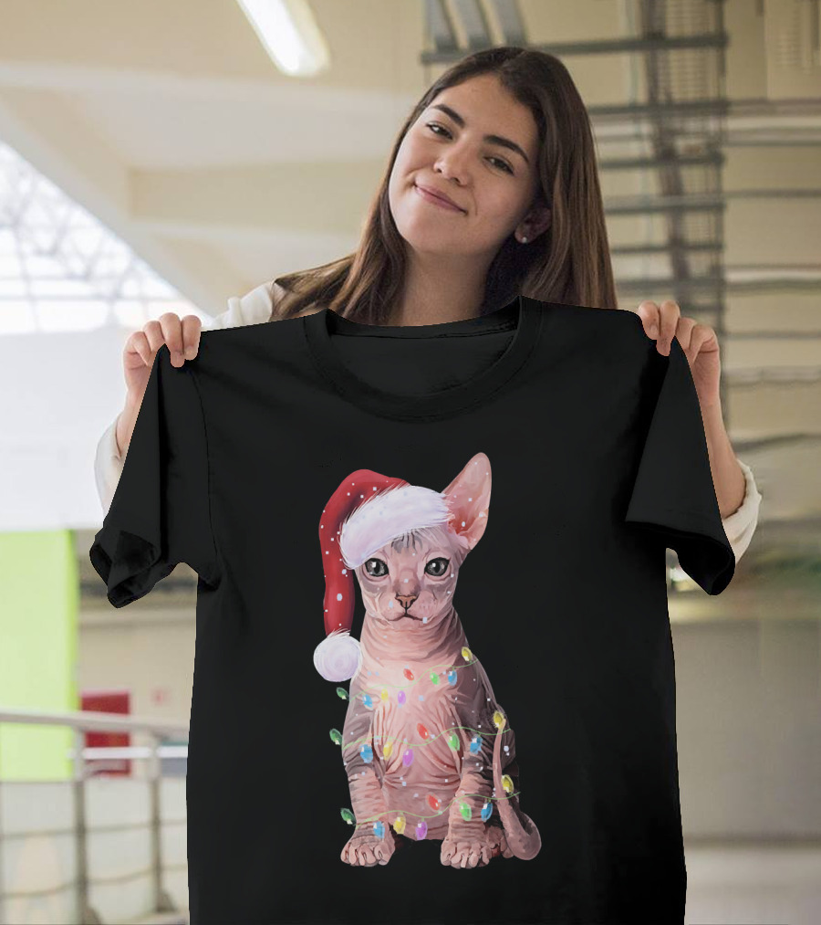 Let It Snow Christmas Holiday Sphynx Cat with Santa Hat and Festive Lights T-Shirt