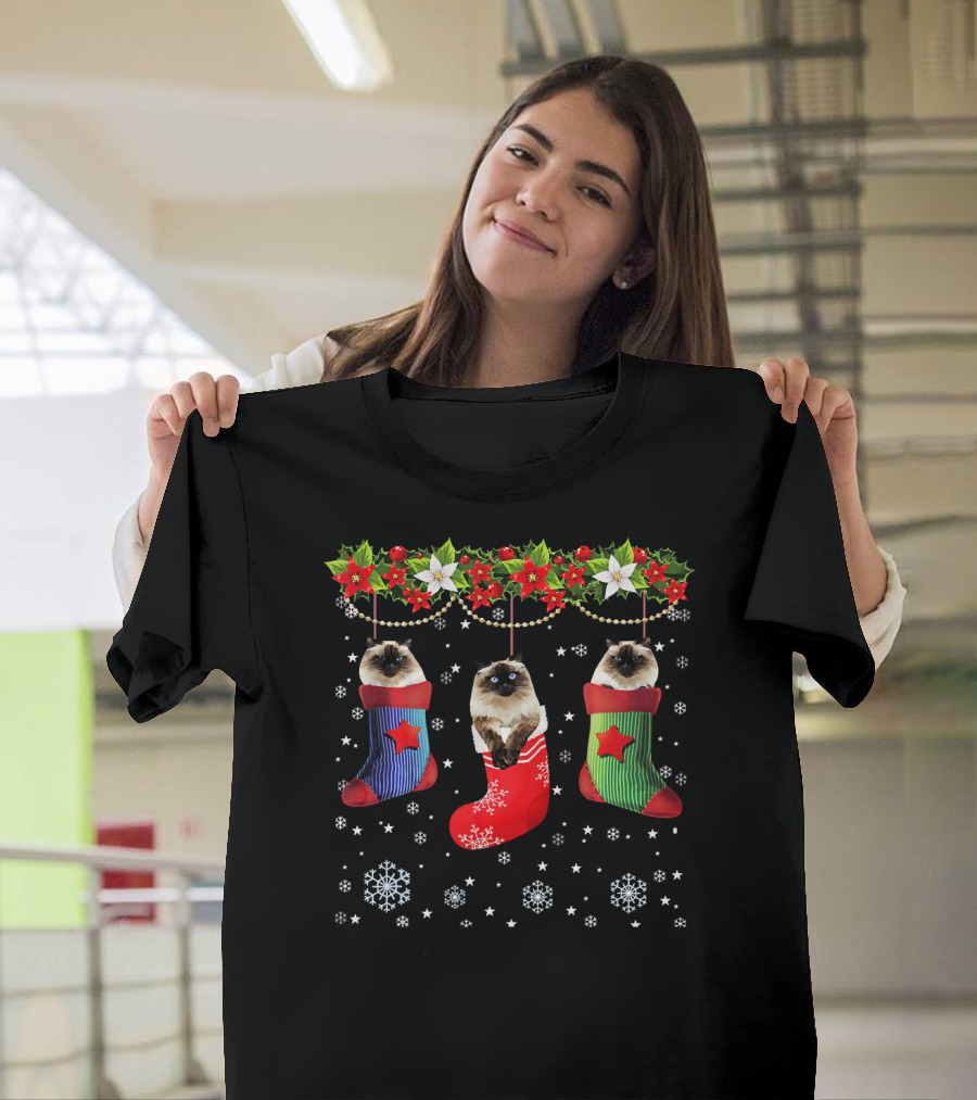 Himalayan Cats in Christmas Stockings with Holly and Snowflakes T-Shirt