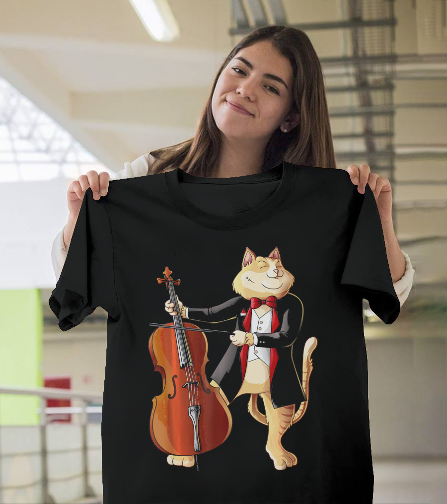 Cool Cat Playing Cello Funny Kitten Orchestra Instrument tuxedo T-Shirt