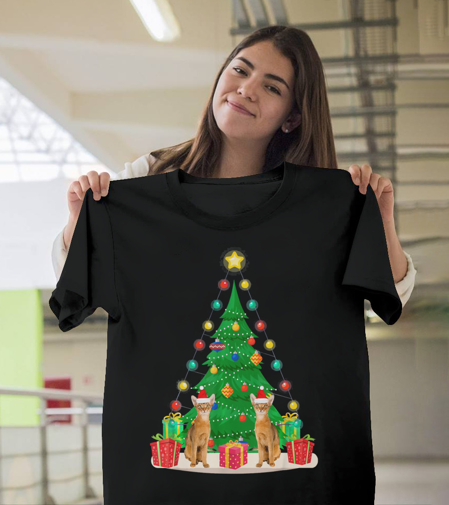 Santa Abyssinian Cats with Gifts Under Christmas Tree T-Shirt