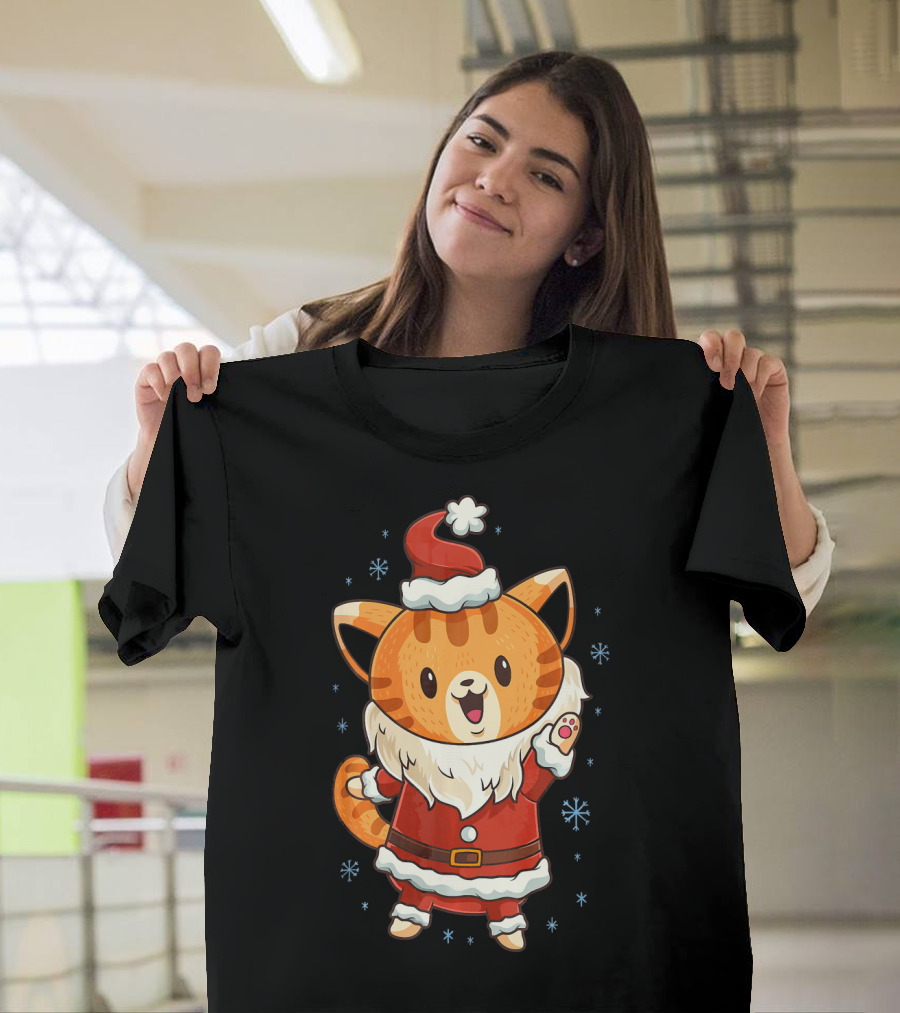 Christmas Cat Santa Kitten with Snowflakes College T-Shirt