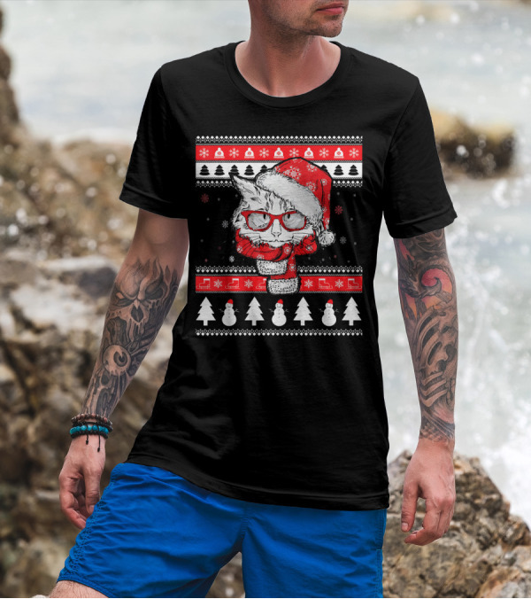 Maine Coon Cat Ugly Xmas Funny Pet Christmas Santa Hat Snowman Trees T-Shirt