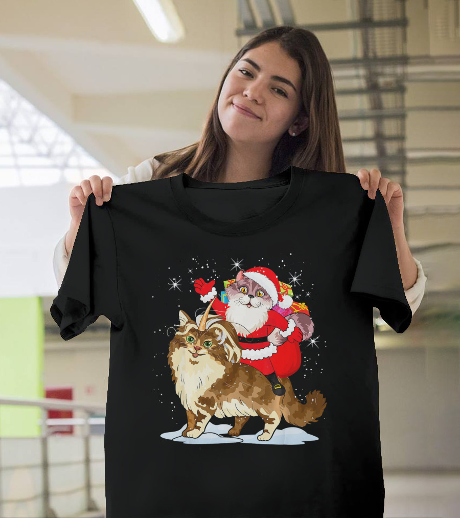 Cat Christmas Santa Caticorn Unico with Festive Cats in Santa Suit and Unicorn Horn T-Shirt