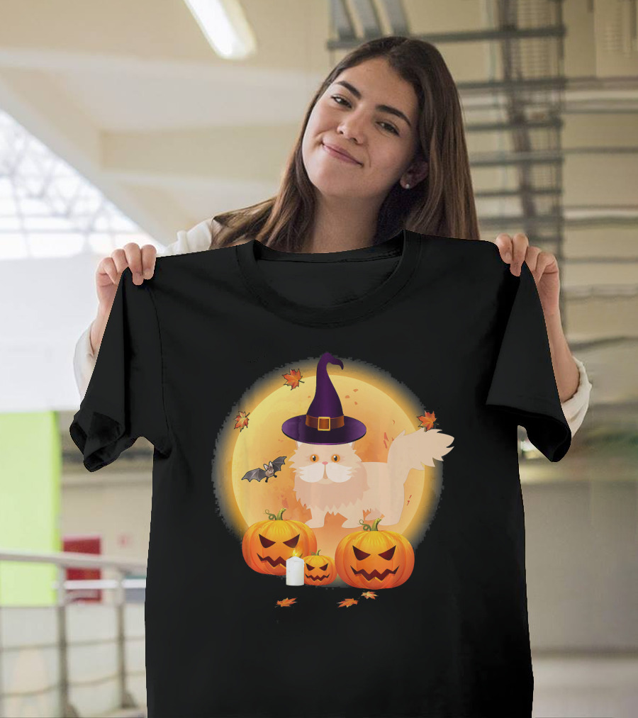Persian Cat Halloween Pumpkin Witch Hat Bat Moon T-Shirt