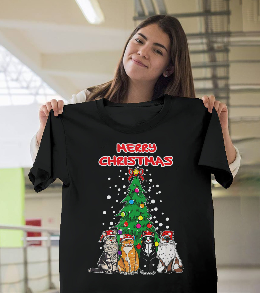Merry Christmas Kitten Christmas Tree Cats with Santa Hats T-Shirt