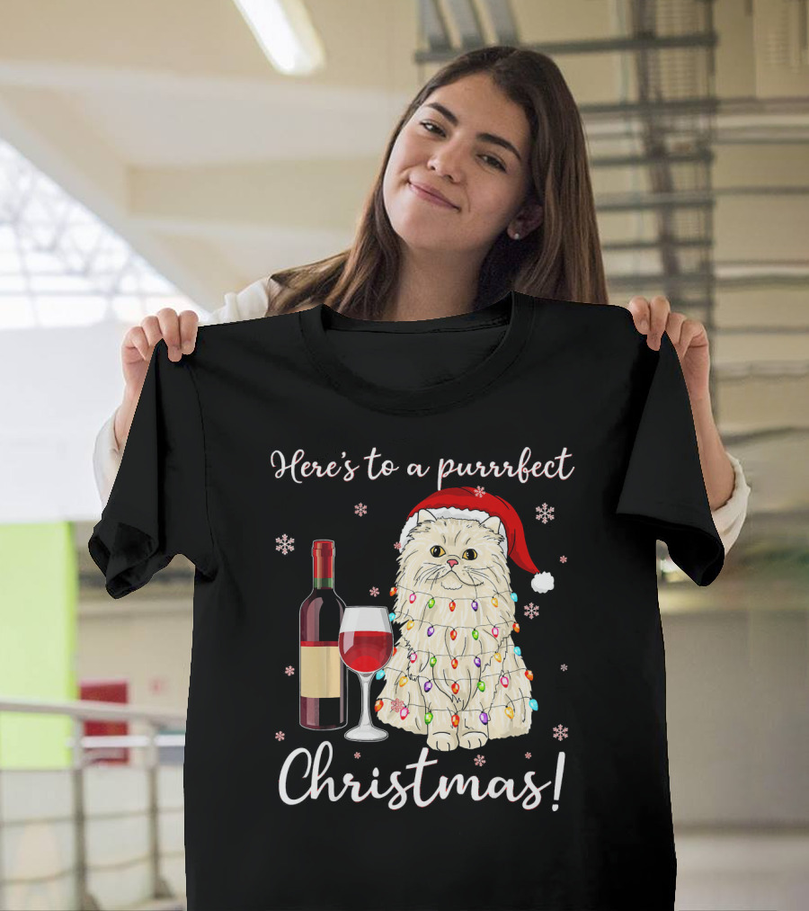 Here's to a Purrrfect Christmas with Wine and Persian Cat in Santa Hat T-Shirt