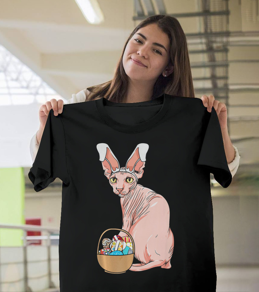 Exotic Sphynx Hairless Feline with Easter Bunny Ears and Candy Basket T-Shirt