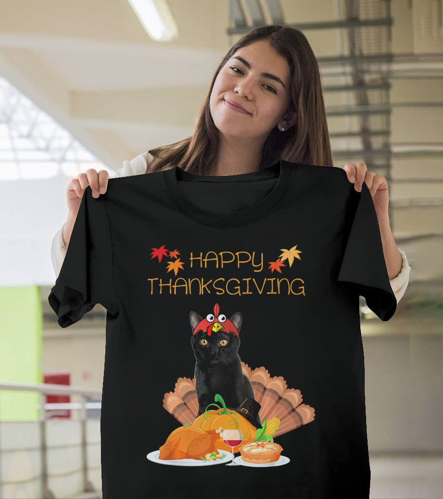 Happy Thanksgiving Day Bombay Cat with Feast and Autumn Leaves T-Shirt