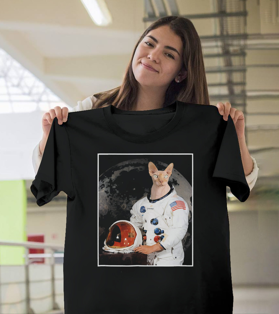 Sphynx Cat Astronaut with NASA Spacesuit and American Flag Patch T-Shirt