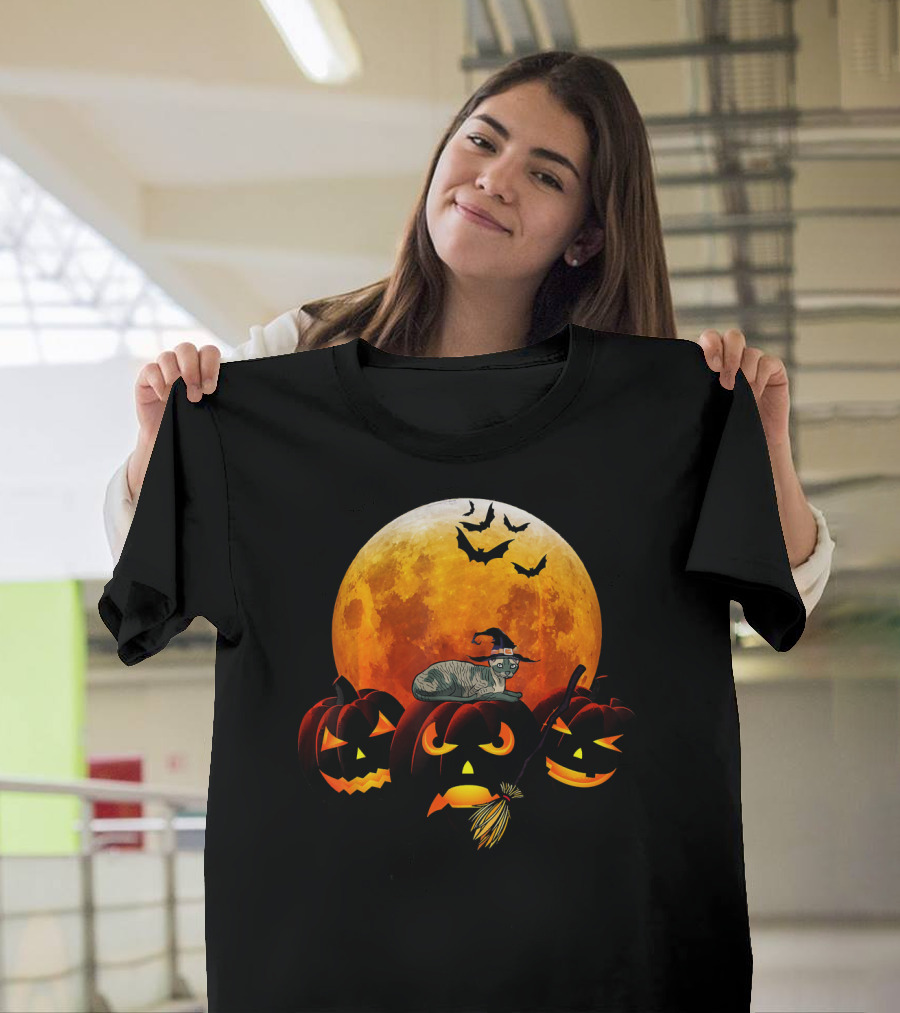 Devon Rex Cat Halloween Pumpkin Moon Bats T-Shirt