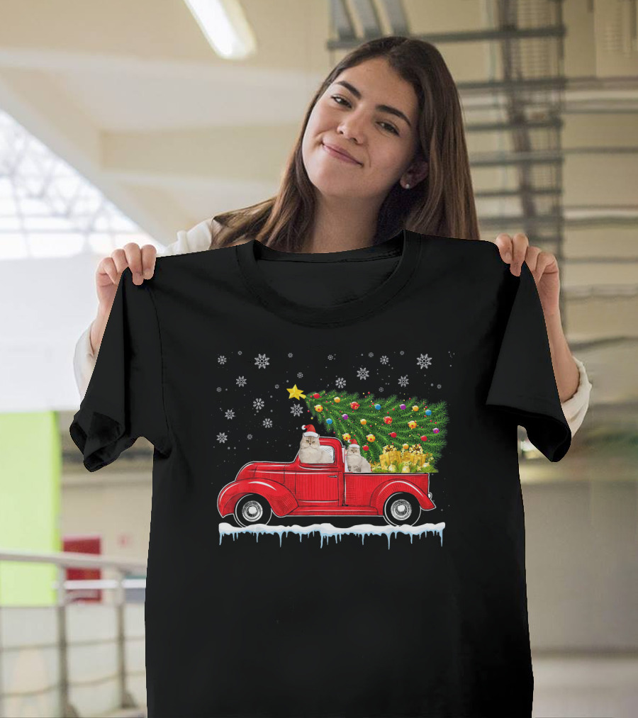 Persian Cat Christmas Red Truck with Tree and Snowflakes T-Shirt