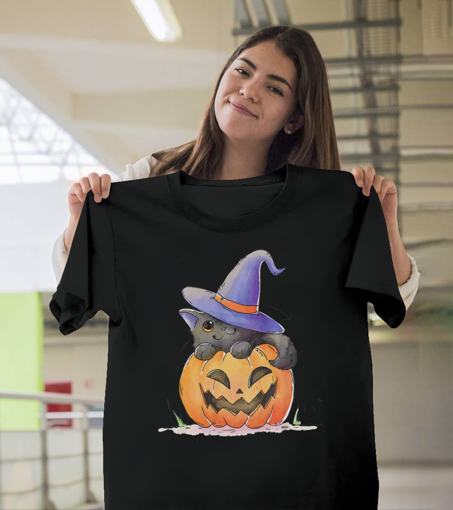 Cute Black Kitten in Witches Hat Sat in Pumpkin T-Shirt