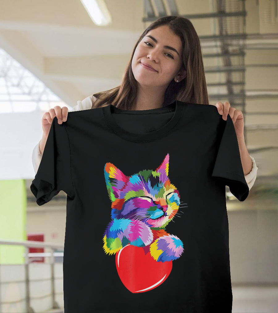 Cute Colorful Cat Holding Red Heart for Kitten Love T-Shirt