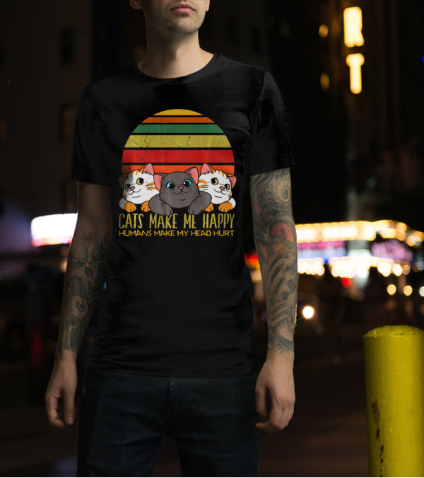 Cats Make Me Happy Humans Make My Head Hurt Retro Sunset Stripes T-Shirt