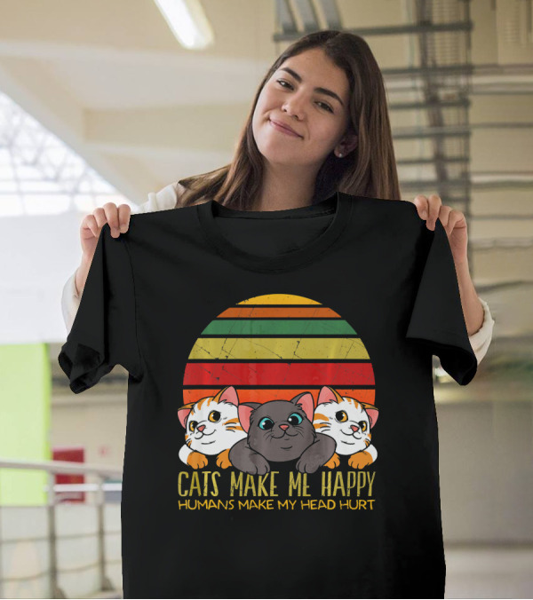 Cats Make Me Happy Humans Make My Head Hurt Retro Sunset Stripes T-Shirt