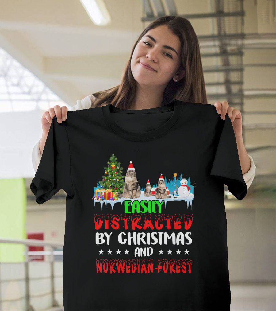 Easily Distracted by Christmas and Norwegian Forest Cats Snowman and Gifts T-Shirt