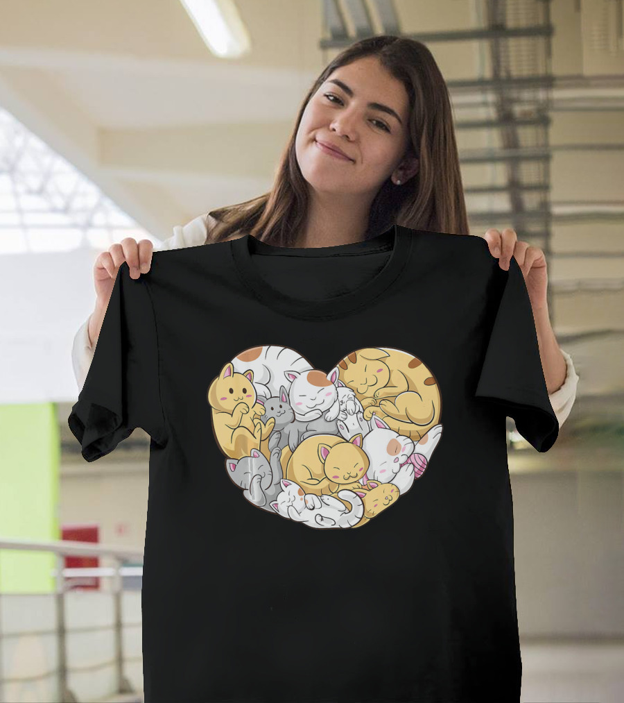 Cats Couple Heart Shape Kawaii Kitten Cute Sleepy Cat Family T-Shirt