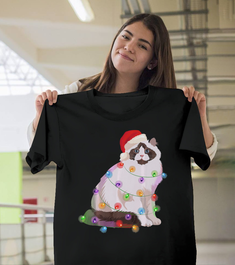 Ragdoll Cat with Christmas Lights and Santa Hat T-Shirt