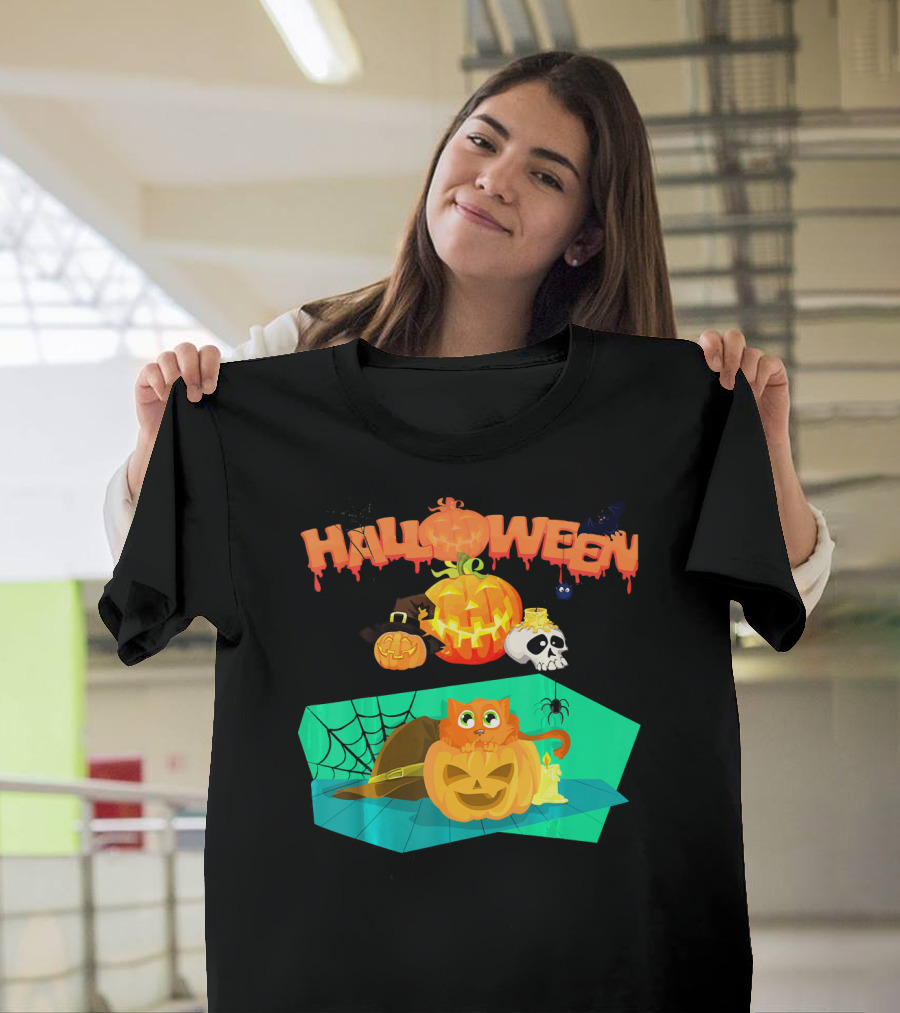 Halloween Orange Cat Kitty Kitten Hiding with Pumpkins and Spiderweb T-Shirt