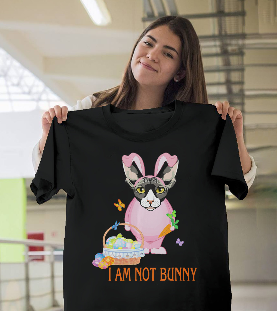 I Am Not Bunny Easter Sphynx Cat with Eggs and Butterflies T-Shirt