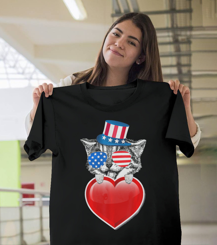 Funny Kitty Kitten Cat Valentines Day Heart American Flag Hat Glasses T-Shirt