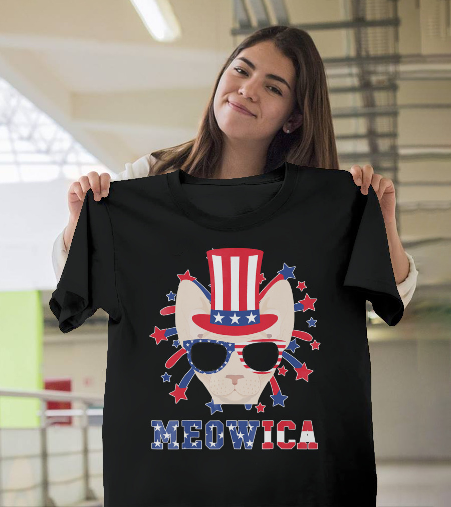 Meowica Patriotic Sphynx Cat in Stars and Stripes for 4th of July T-Shirt