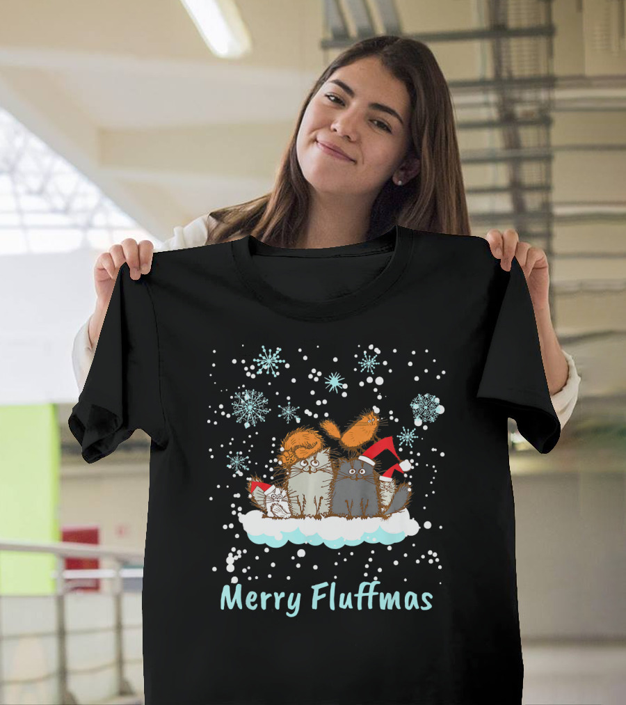 Merry Fluffmas Cats with Santa Hats and Snowflakes on Cloud T-Shirt