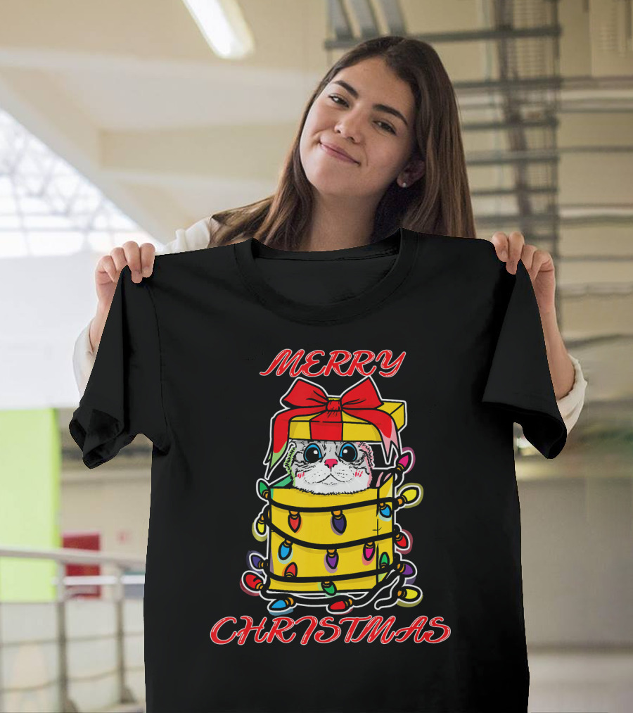Merry Christmas Kitten Wrapped in Lights Present Box T-Shirt