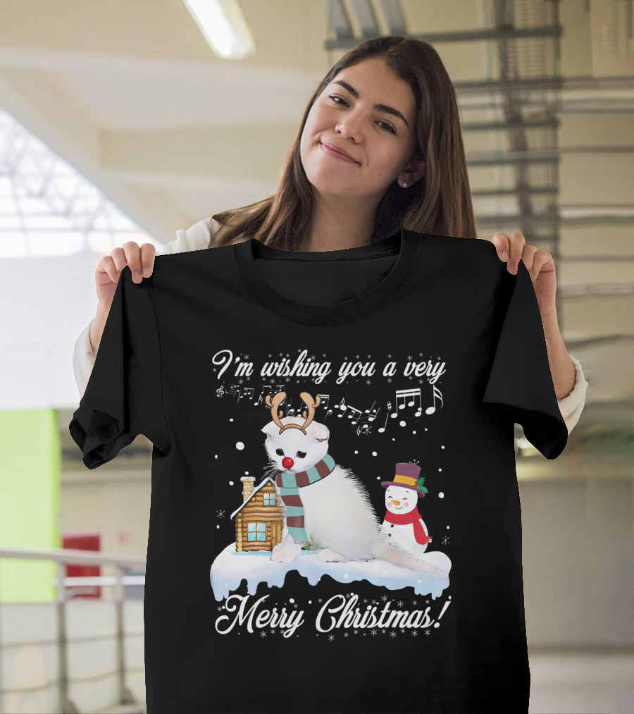 I'm Wishing You a Very Merry Christmas Persian Cat with Reindeer Antlers Snowman Cabin Music Notes T-Shirt