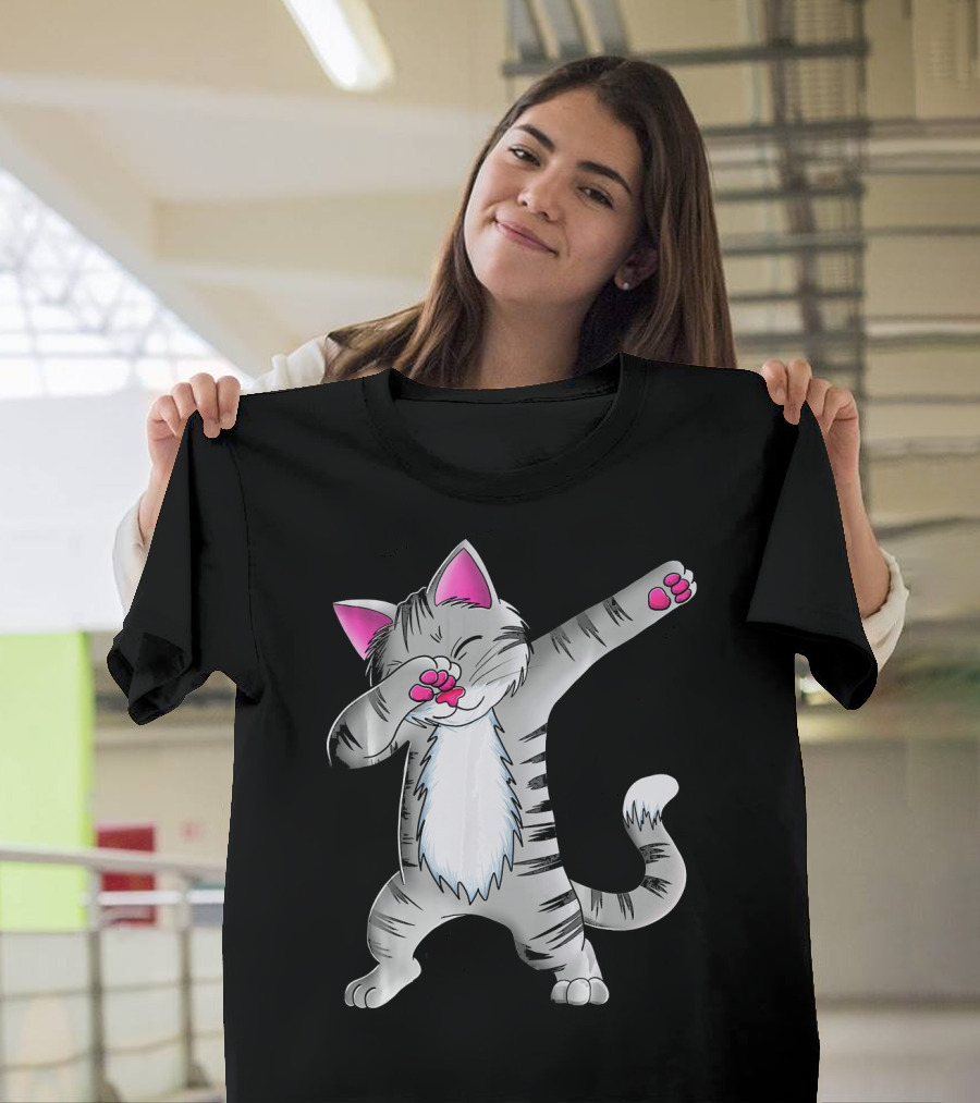 Dabbing Cat Kitten Funny Dab Dance Striped Feline with Pink Ears and Paws T-Shirt