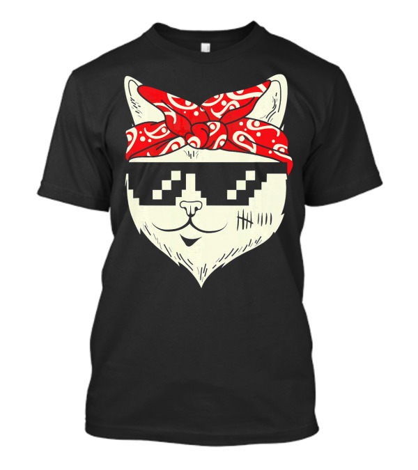 Gangsta Cat Pixelated Sunglasses Red Bandana Urban T-Shirt