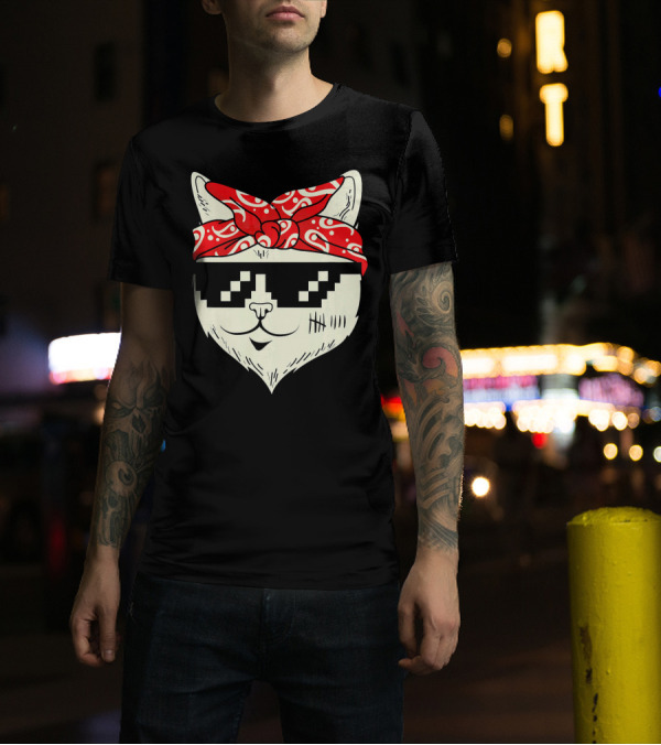 Gangsta Cat Pixelated Sunglasses Red Bandana Urban T-Shirt