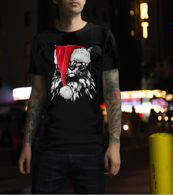 Funny Santa Hat Maine Coon Christmas Cat T-Shirt