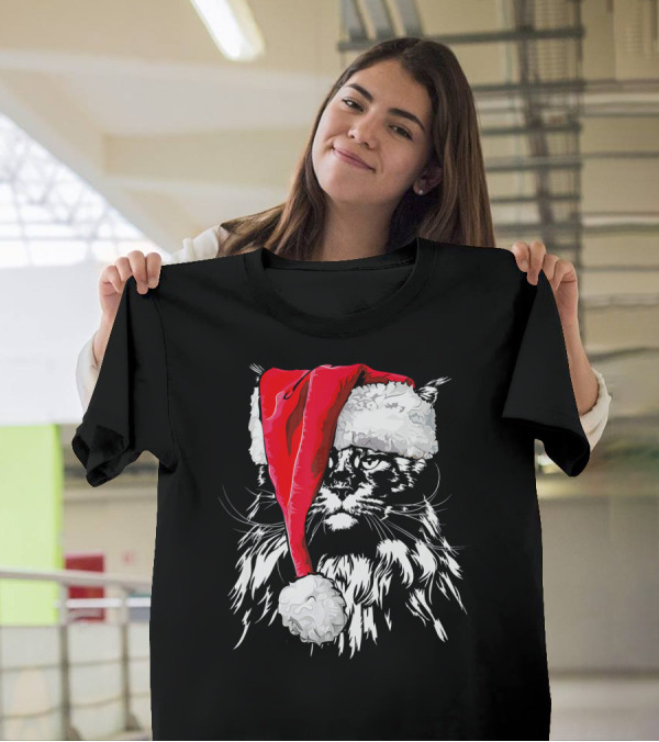 Funny Santa Hat Maine Coon Christmas Cat T-Shirt