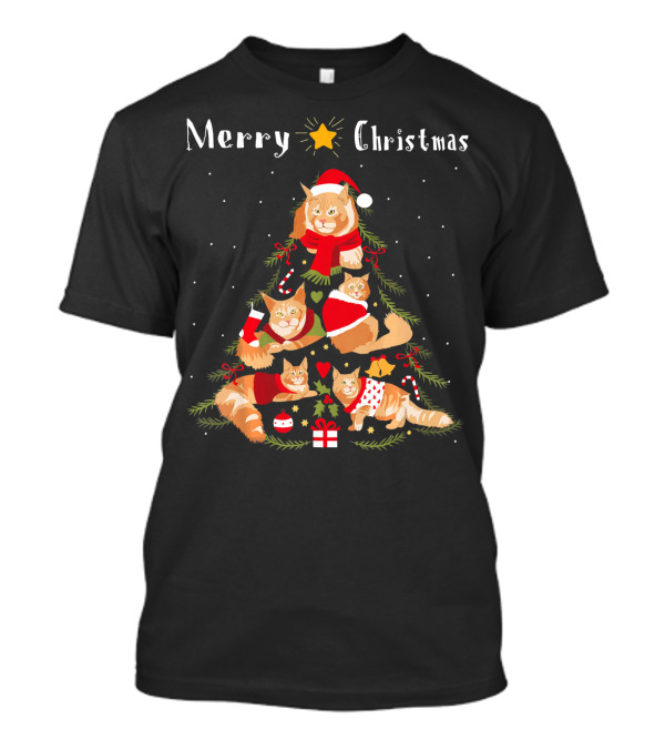 Merry Christmas Maine Coon Cats In Holiday Tree Scene T-Shirt
