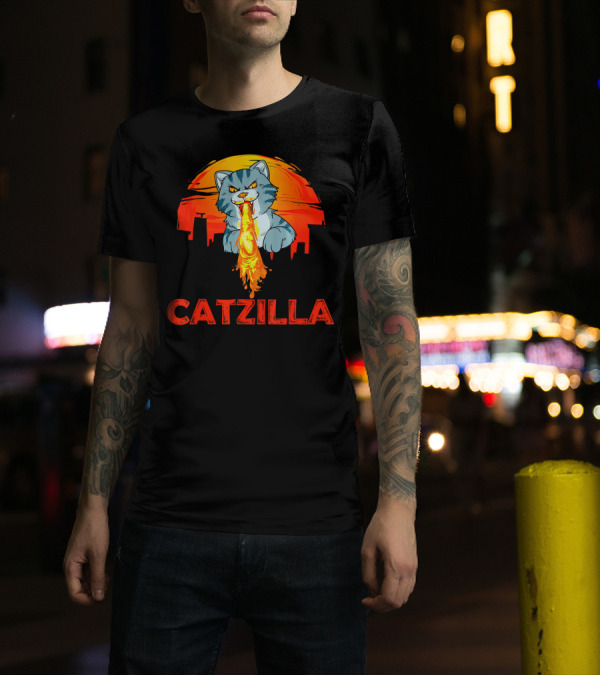 Catzilla Fire-Breathing Kitten Monster Over Tokyo Skyline T-Shirt