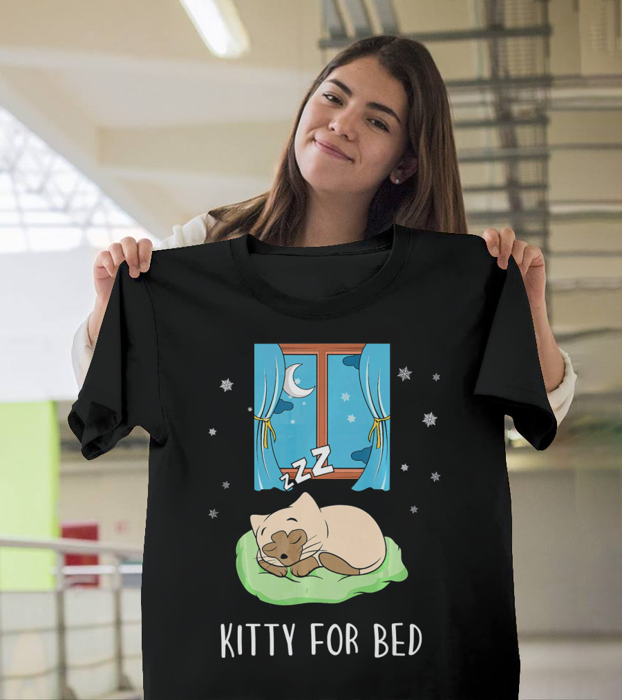 Kitty For Bed Cute Sleepy Siamese Cat by Window with Stars and Moon T-Shirt